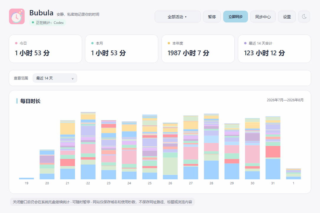 当前版本的 Bubula Windows 主界面,显示统计卡片和每日堆叠时长图表